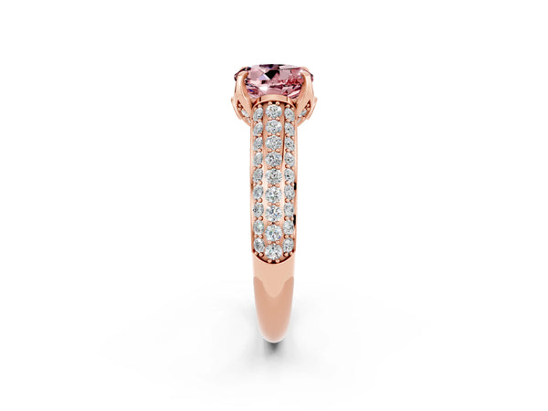 Rose gold Round Cut Morganite Solitaire Ring with Three-Row Pavé Band and Four-Prong Setting