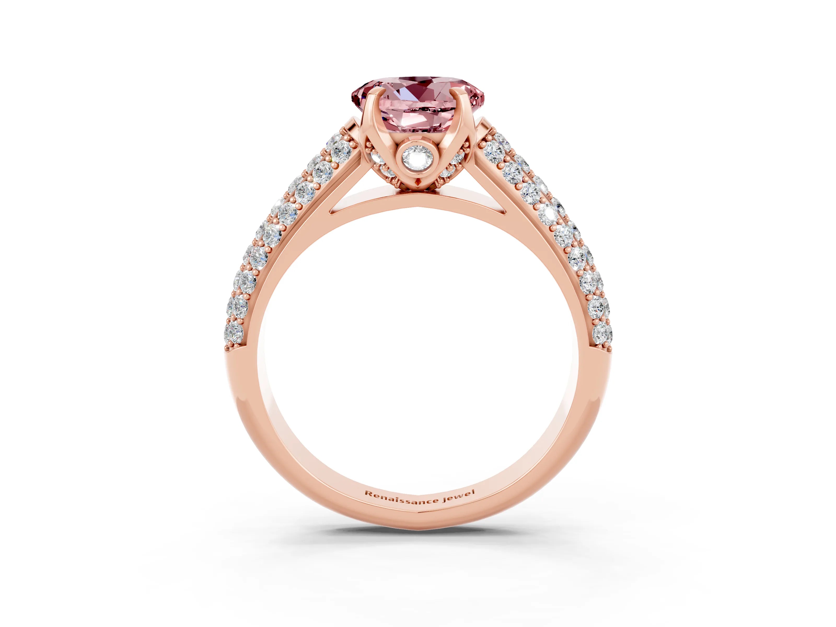 Rose gold Round Cut Morganite Solitaire Ring with Three-Row Pavé Band and Four-Prong Setting_15