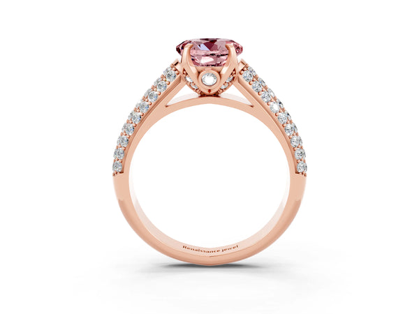 Rose gold Round Cut Morganite Solitaire Ring with Three-Row Pavé Band and Four-Prong Setting