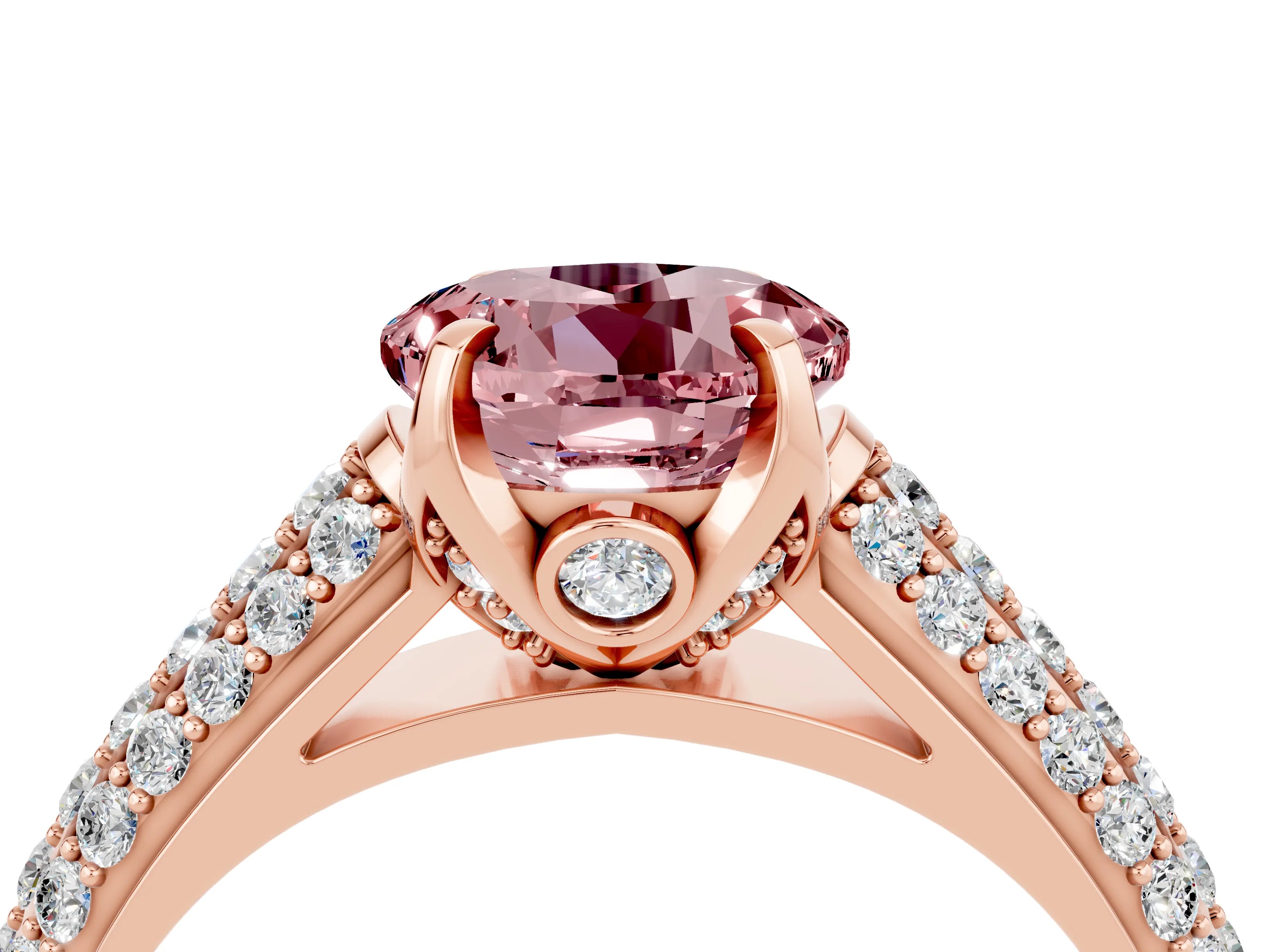 Rose gold Round Cut Morganite Solitaire Ring with Three-Row Pavé Band and Four-Prong Setting_16