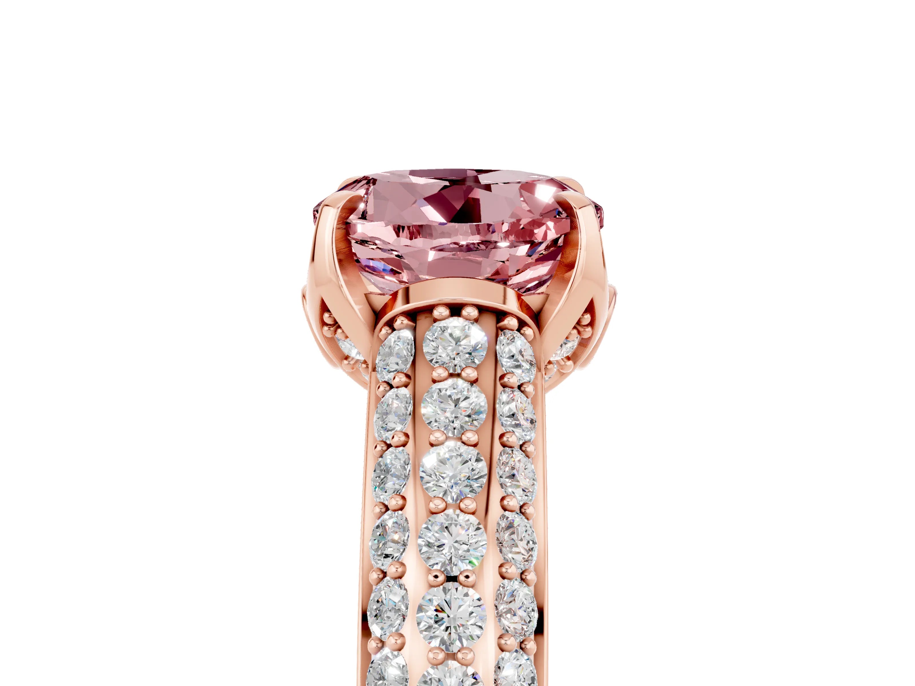 Rose gold Round Cut Morganite Solitaire Ring with Three-Row Pavé Band and Four-Prong Setting_17