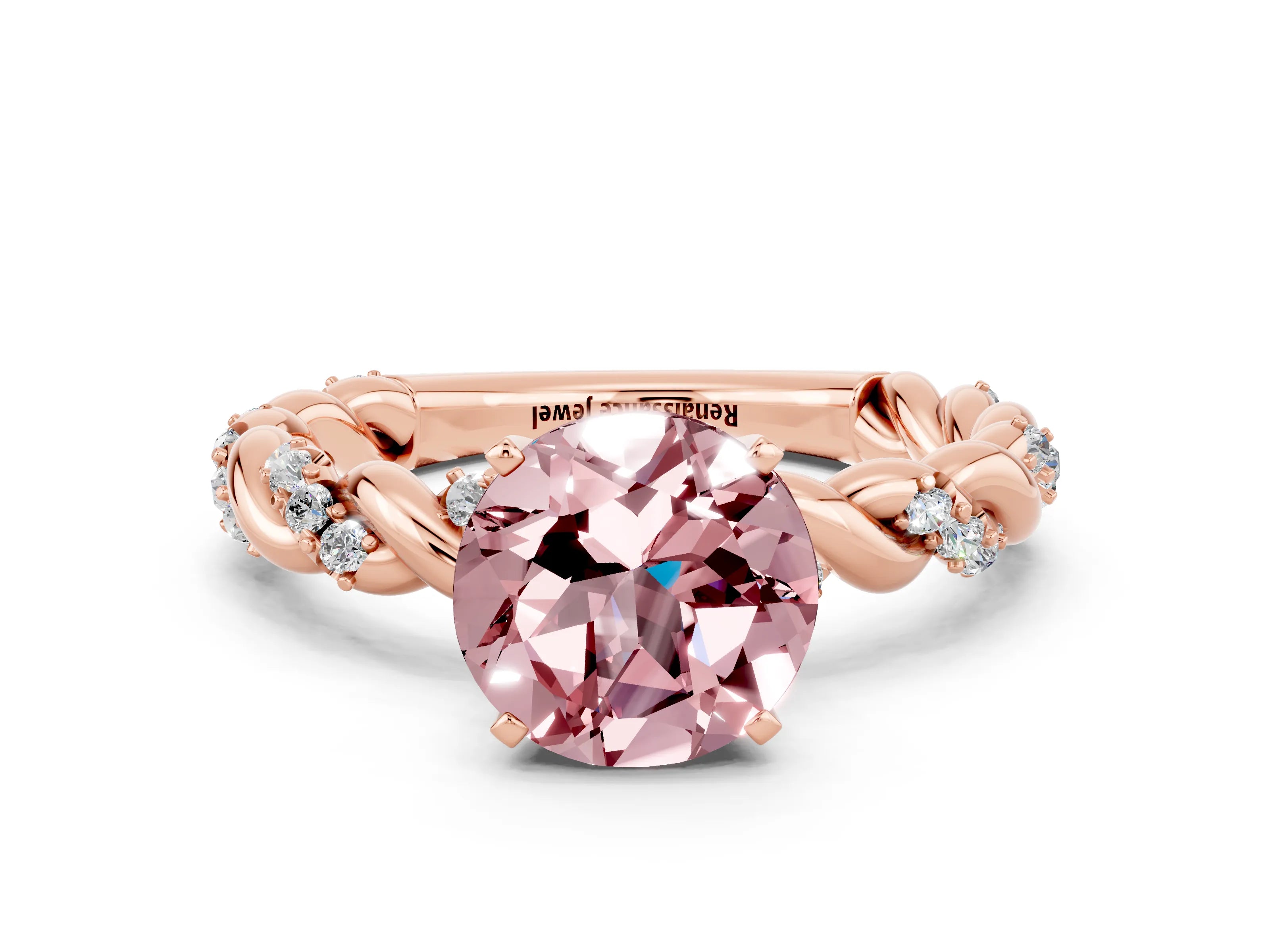 Rose gold Round Cut Morganite Solitaire Ring with Twisted Band and Pavé Accents