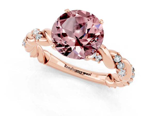 Rose gold Round Cut Morganite Solitaire Ring with Twisted Band and Pavé Accents
