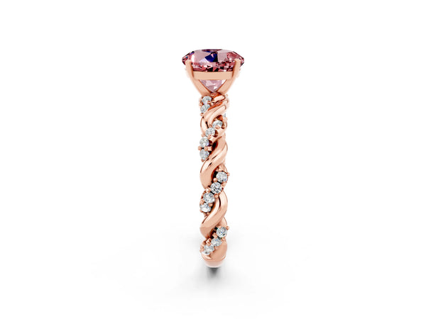 Rose gold Round Cut Morganite Solitaire Ring with Twisted Band and Pavé Accents