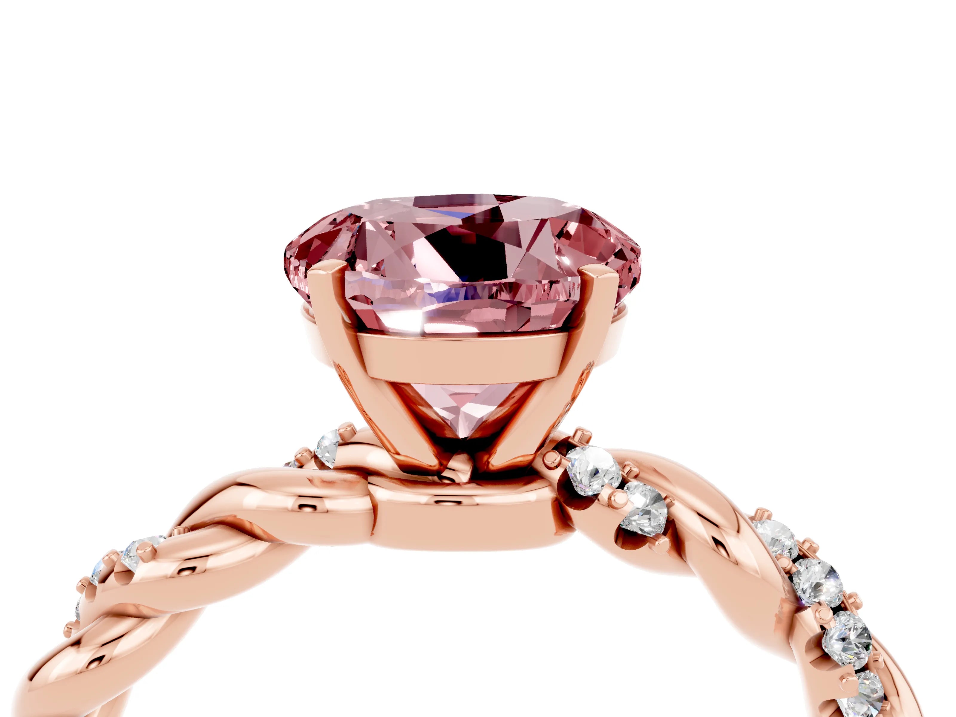 Rose gold Round Cut Morganite Solitaire Ring with Twisted Band and Pavé Accents_4