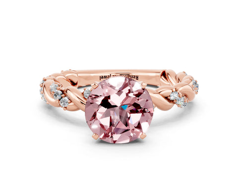 Rose gold Round Cut Morganite Solitaire Ring with Twisted Band and Pavé Accents