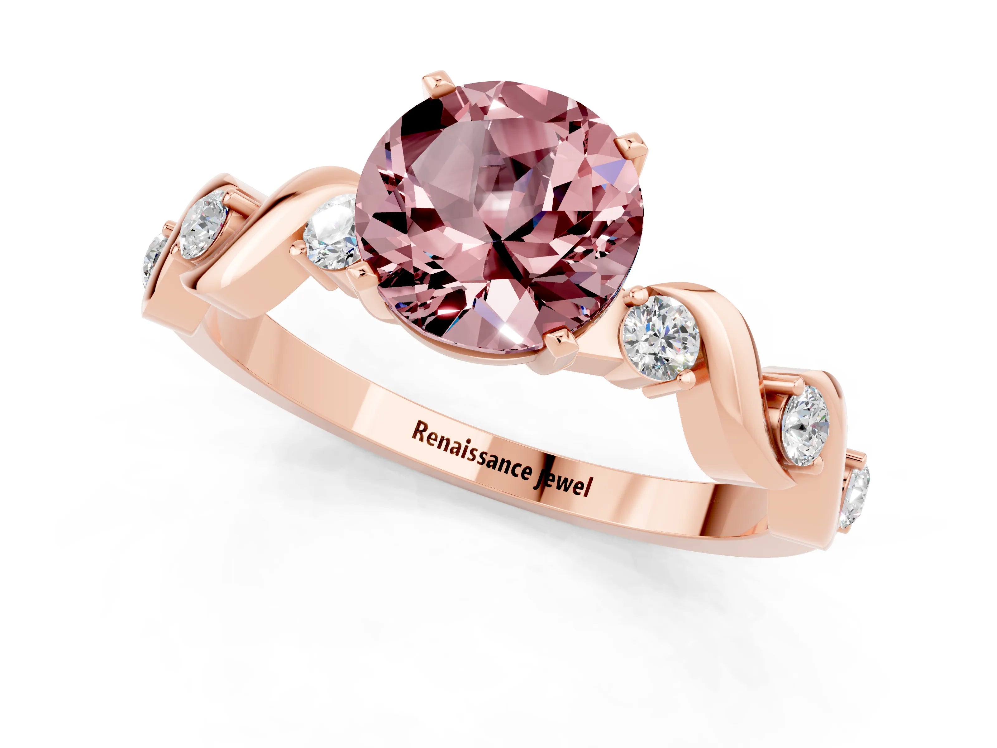 Rose gold Round Cut Morganite Solitaire Twisted Band with Round  Accents and Prong Setting_13