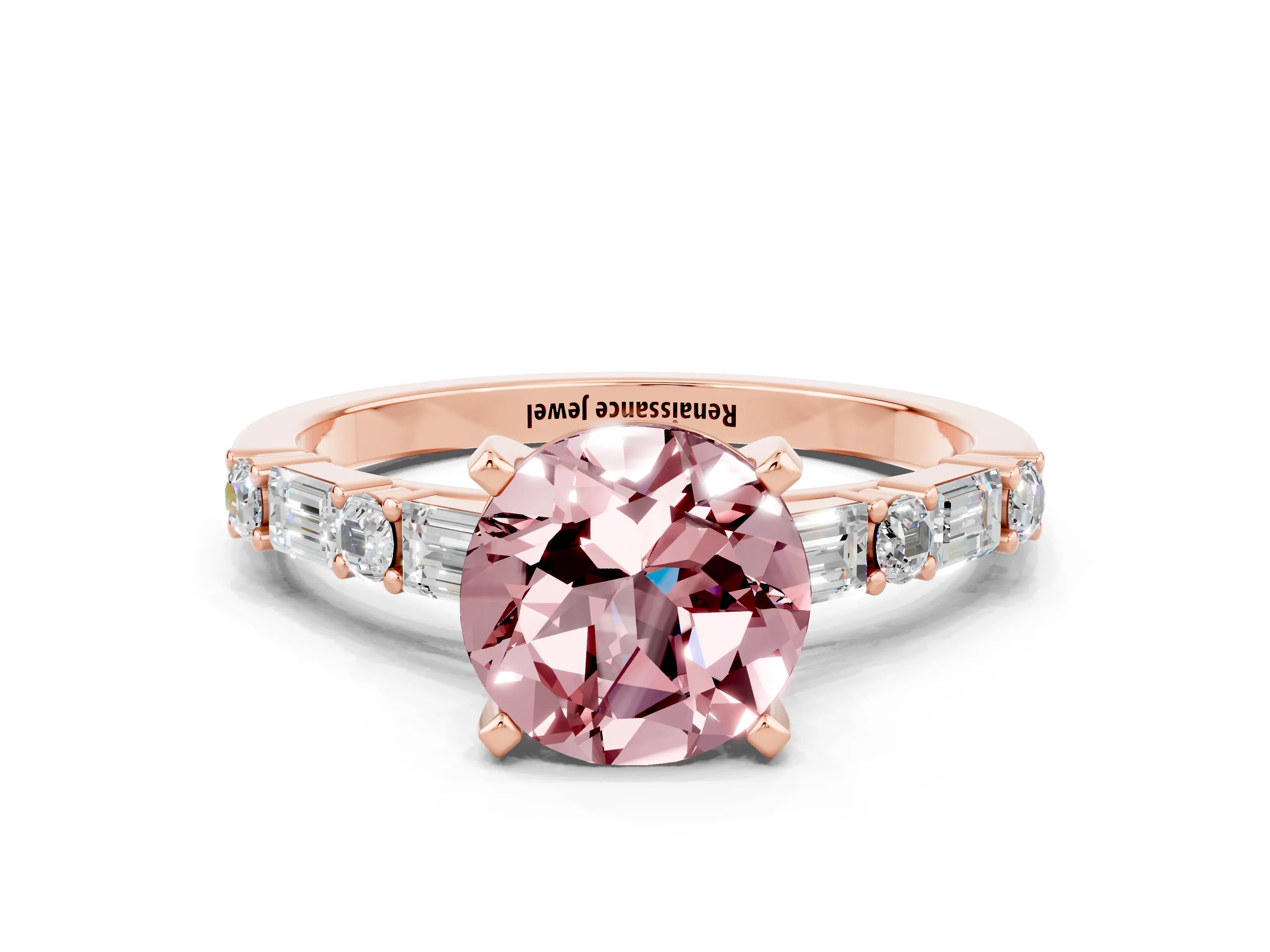 Rose gold Round Cut Morganite Solitaire with Side Baguettes and Channel Set Band