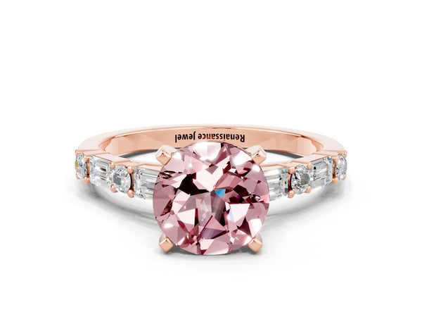 Rose gold Round Cut Morganite Solitaire with Side Baguettes and Channel Set Band