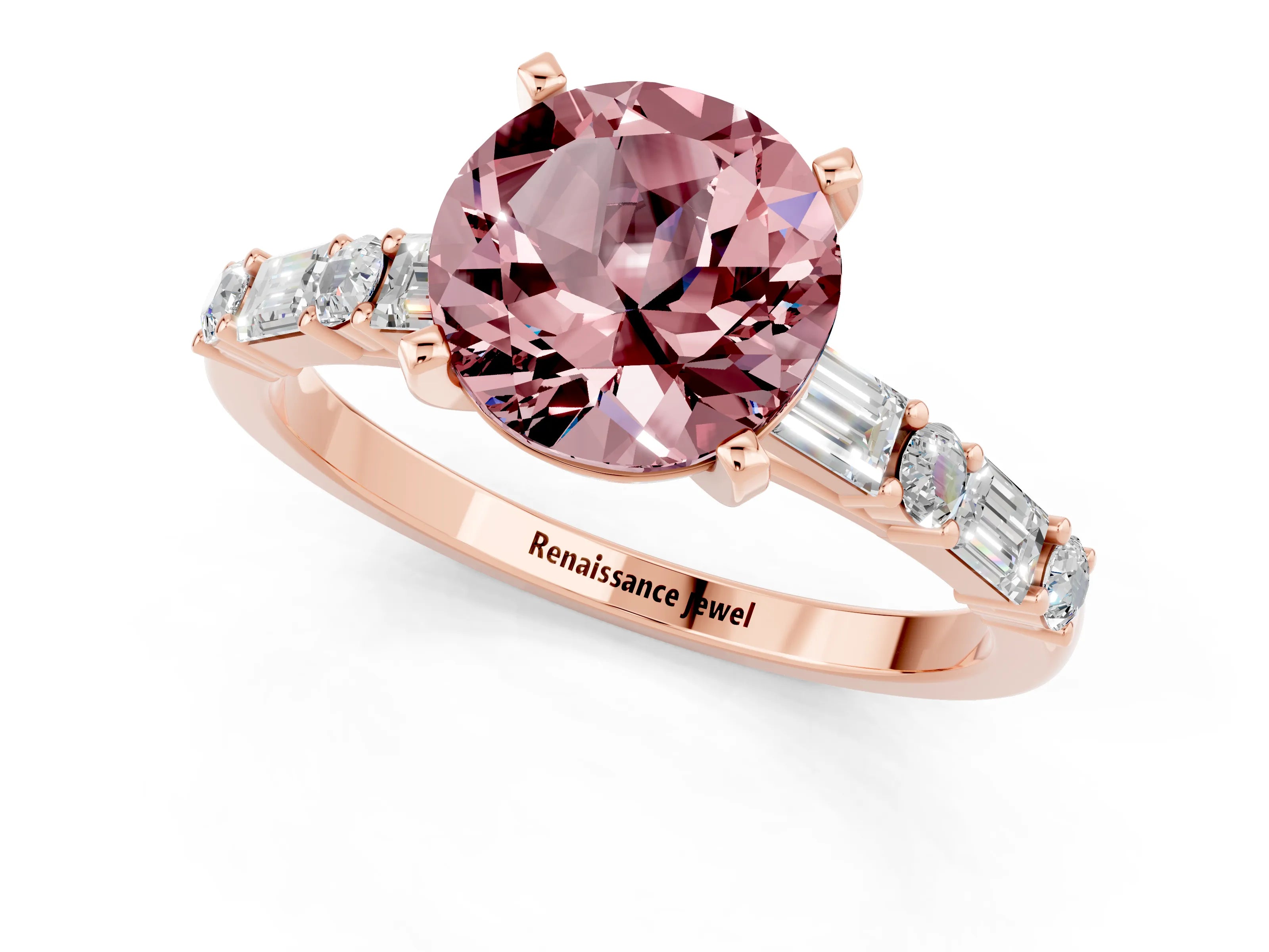 Rose gold Round Cut Morganite Solitaire with Side Baguettes and Channel Set Band_1