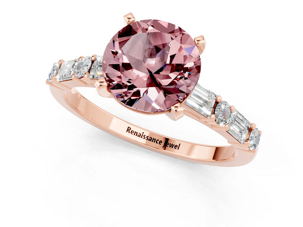 Rose gold Round Cut Morganite Solitaire with Side Baguettes and Channel Set Band