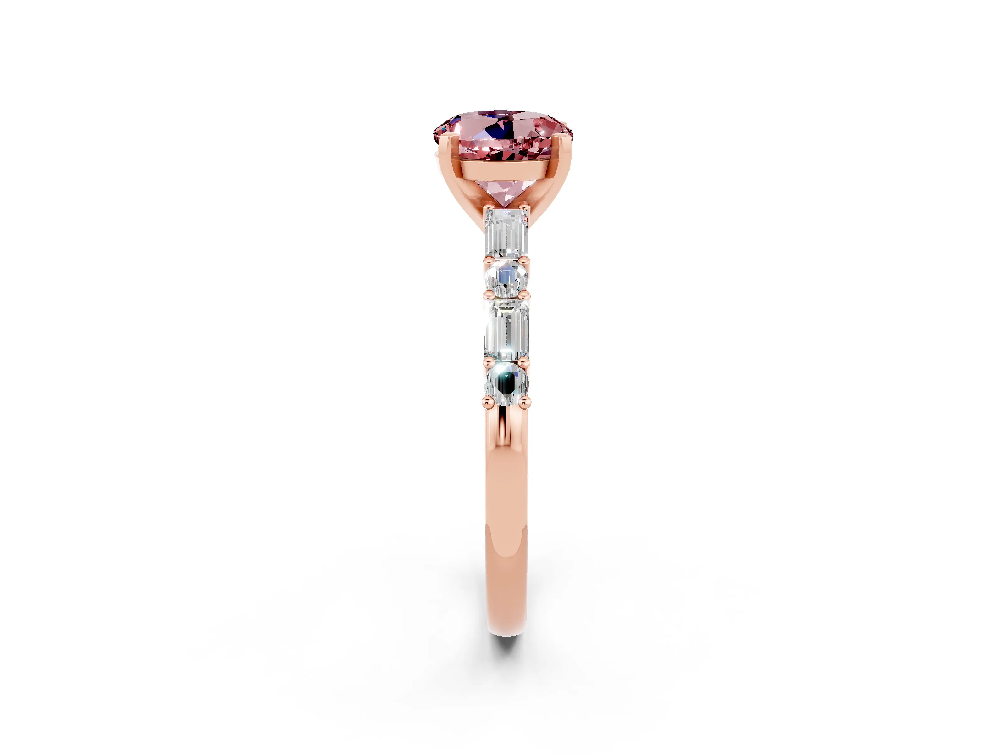 Rose gold Round Cut Morganite Solitaire with Side Baguettes and Channel Set Band_2