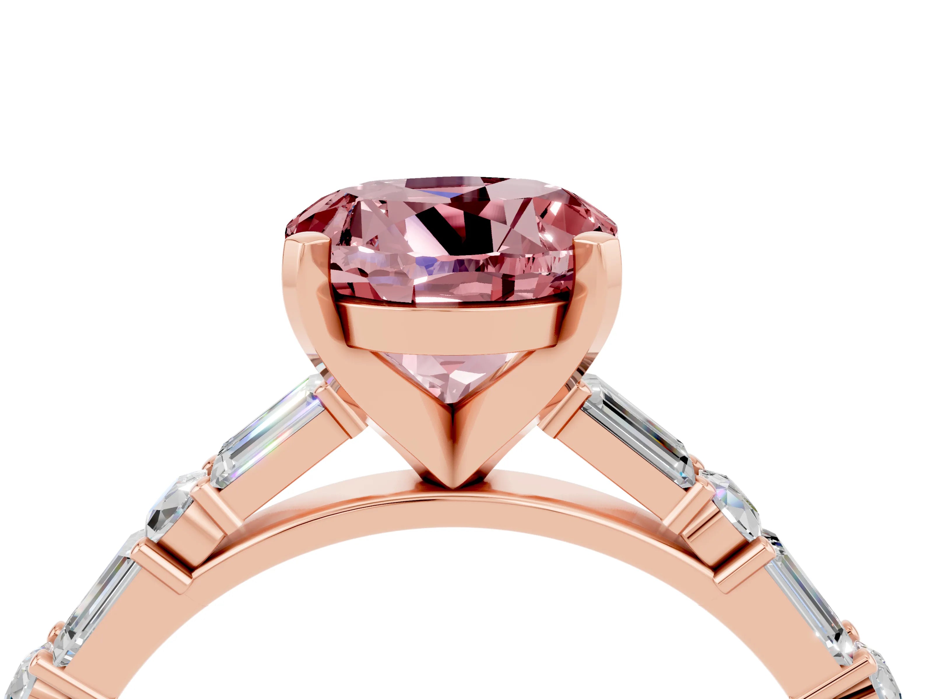 Rose gold Round Cut Morganite Solitaire with Side Baguettes and Channel Set Band_4