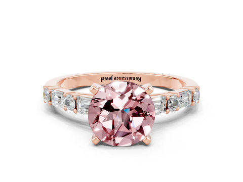Rose gold Round Cut Morganite Solitaire with Side Baguettes and Channel Set Band