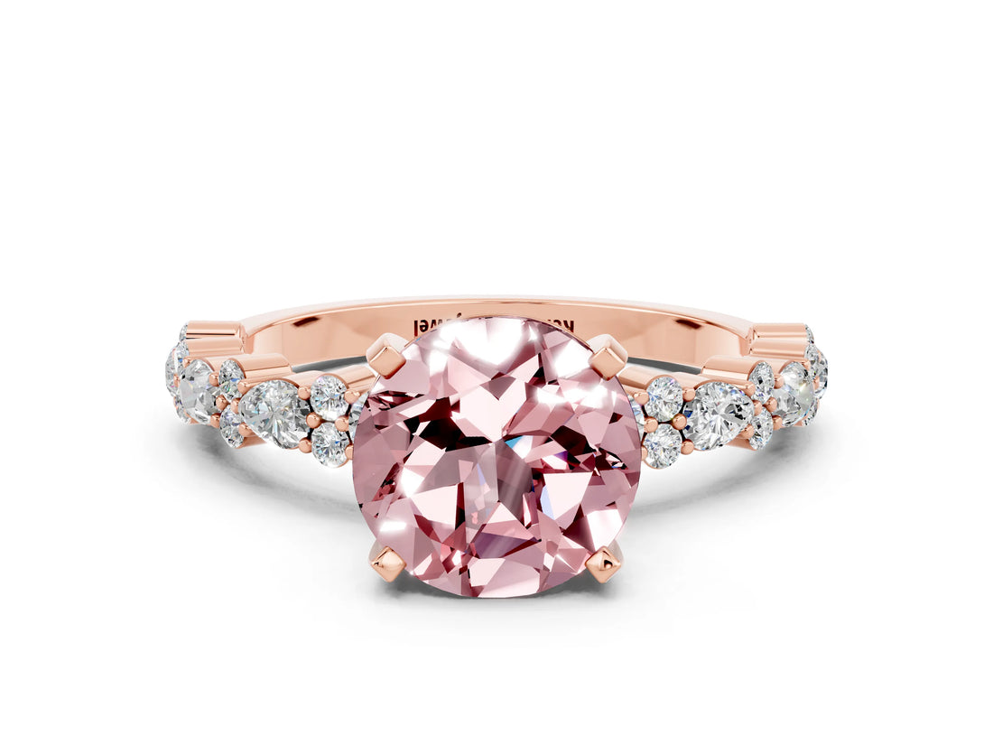 Rose gold Round Cut Morganite Solitaire with Side Stones, Pave Band, Four-Prong Setting_36