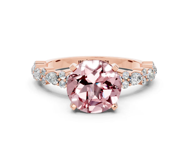 Rose gold Round Cut Morganite Side Stone Solitaire Ring with Round  and Four-Prong Setting