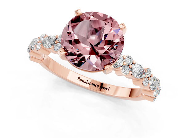 Rose gold Round Cut Morganite Side Stone Solitaire Ring with Round  and Four-Prong Setting