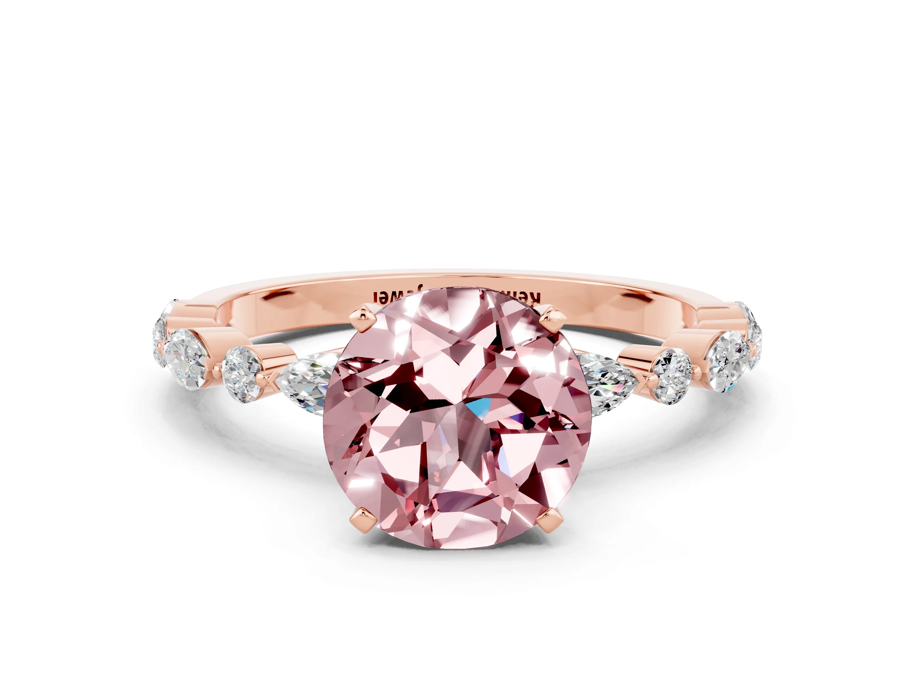 Rose gold Round Cut Morganite Solitaire with Side Stones on a Pavé Band and Four-Prong Setting