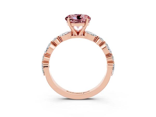 Rose gold Round Cut Morganite Ring with Marquise and Round  Side Stones and Four-Prong Setting