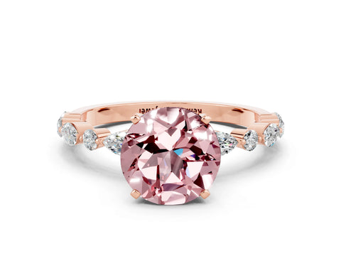 Rose gold Round Cut Morganite Solitaire with Side Stones on a Pavé Band and Four-Prong Setting