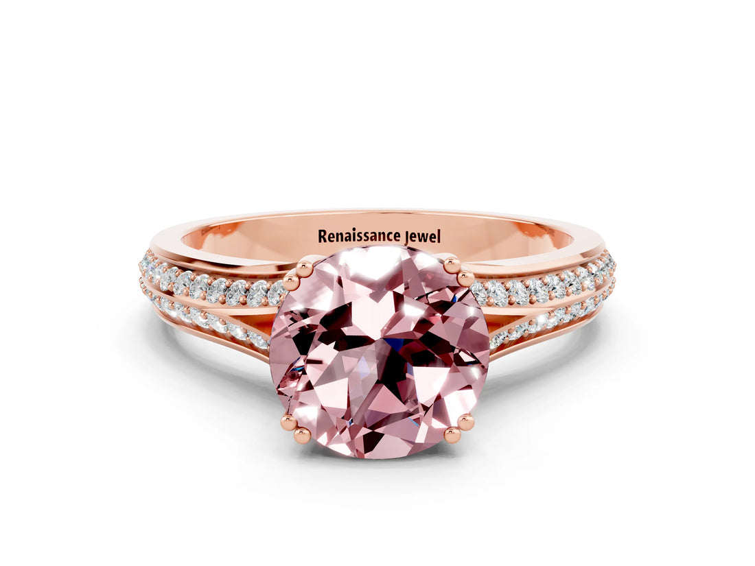 Rose gold Round Cut Morganite Split Shank Engagement Ring with Pavé Band