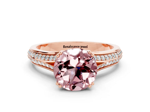 Rose gold Round Cut Morganite Split Shank Engagement Ring with Pavé Band