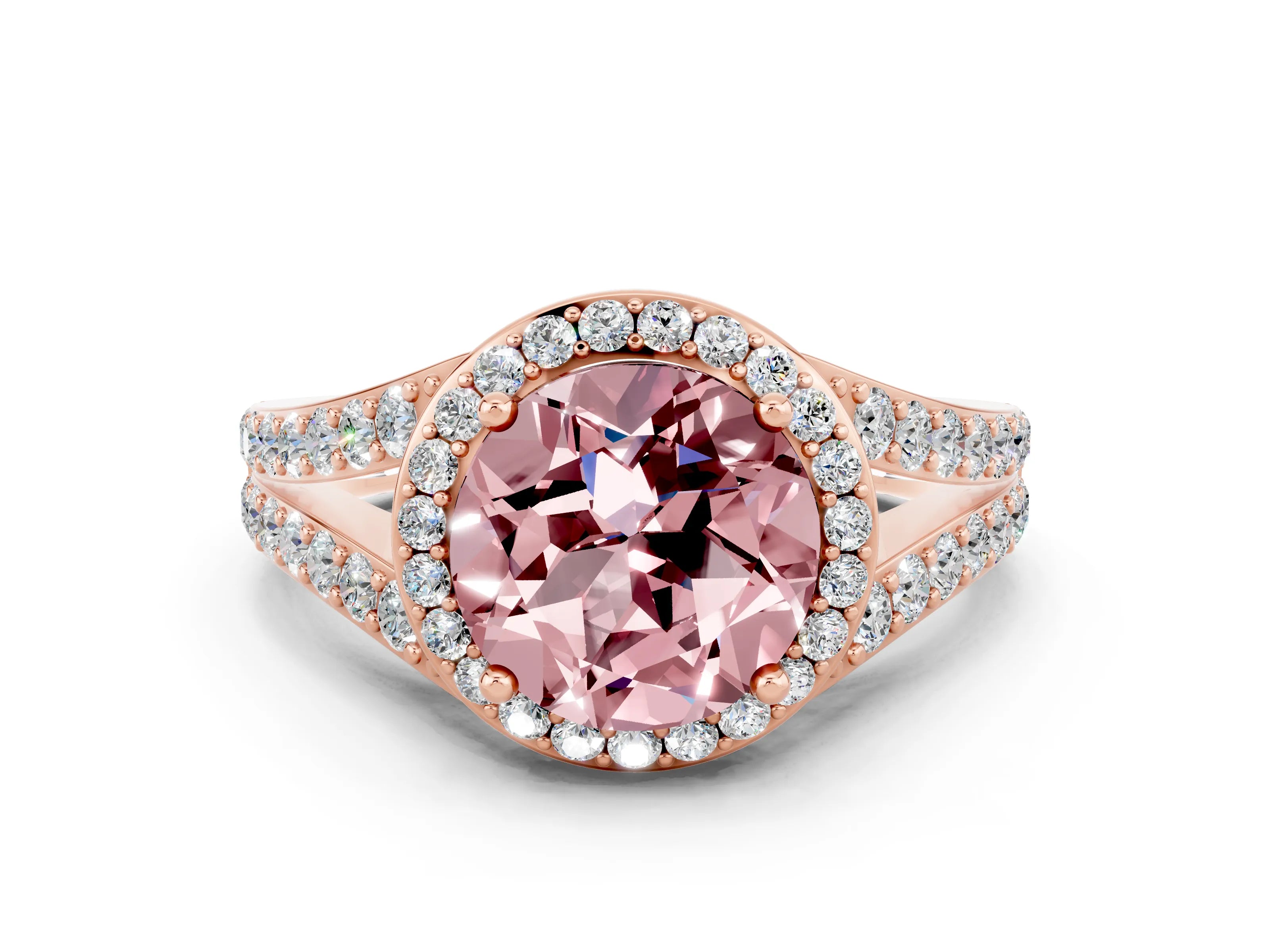 Rose gold Round Cut Morganite Split Shank Halo Ring with Four-Prong Setting_12