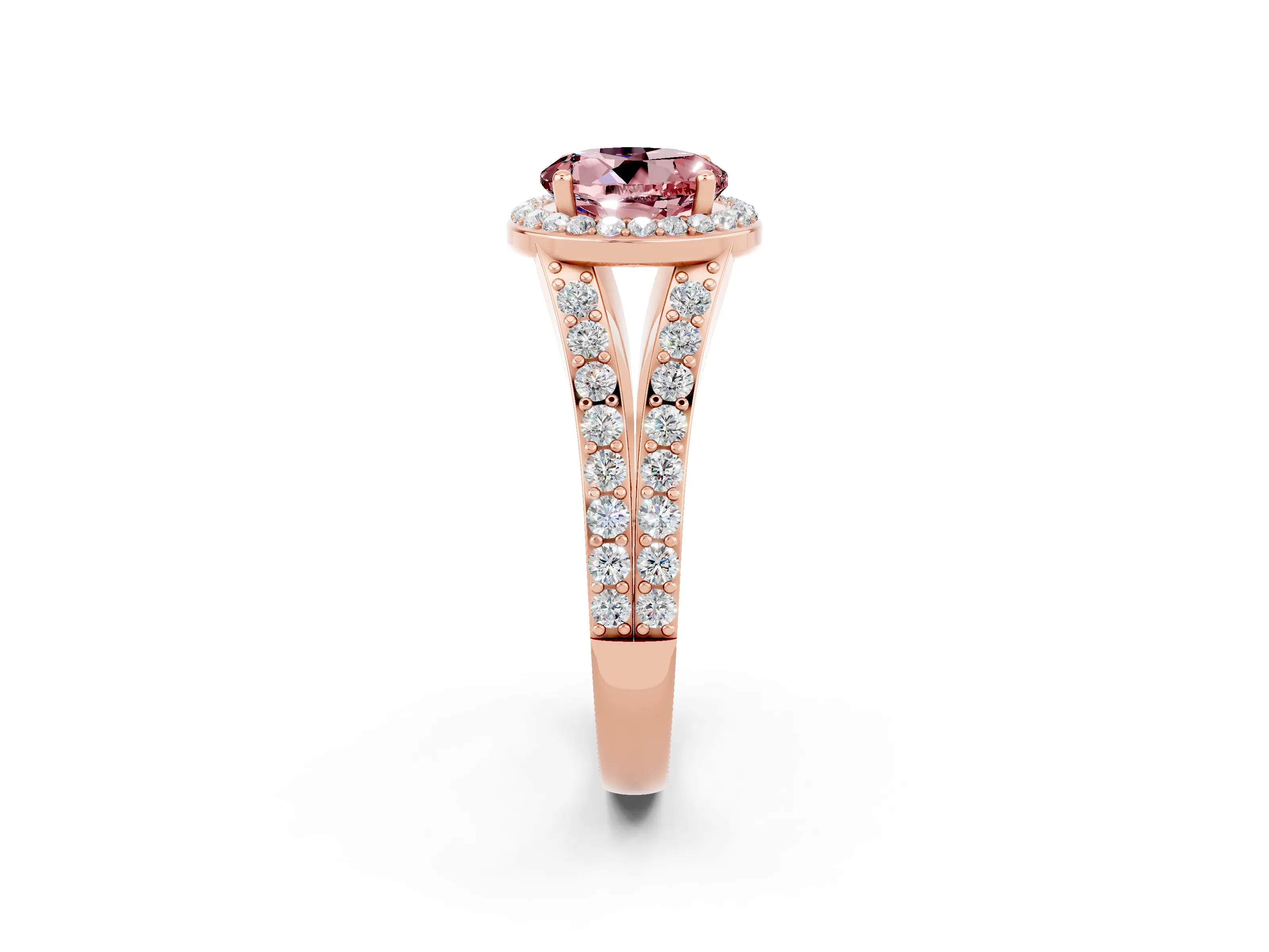 Rose gold Round Cut Morganite Split Shank Halo Ring with Four-Prong Setting_14