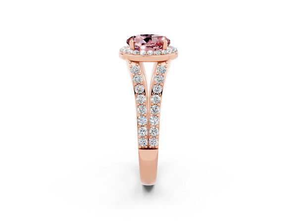 Rose gold Round Cut Morganite Split Shank Halo Ring with Four-Prong Setting