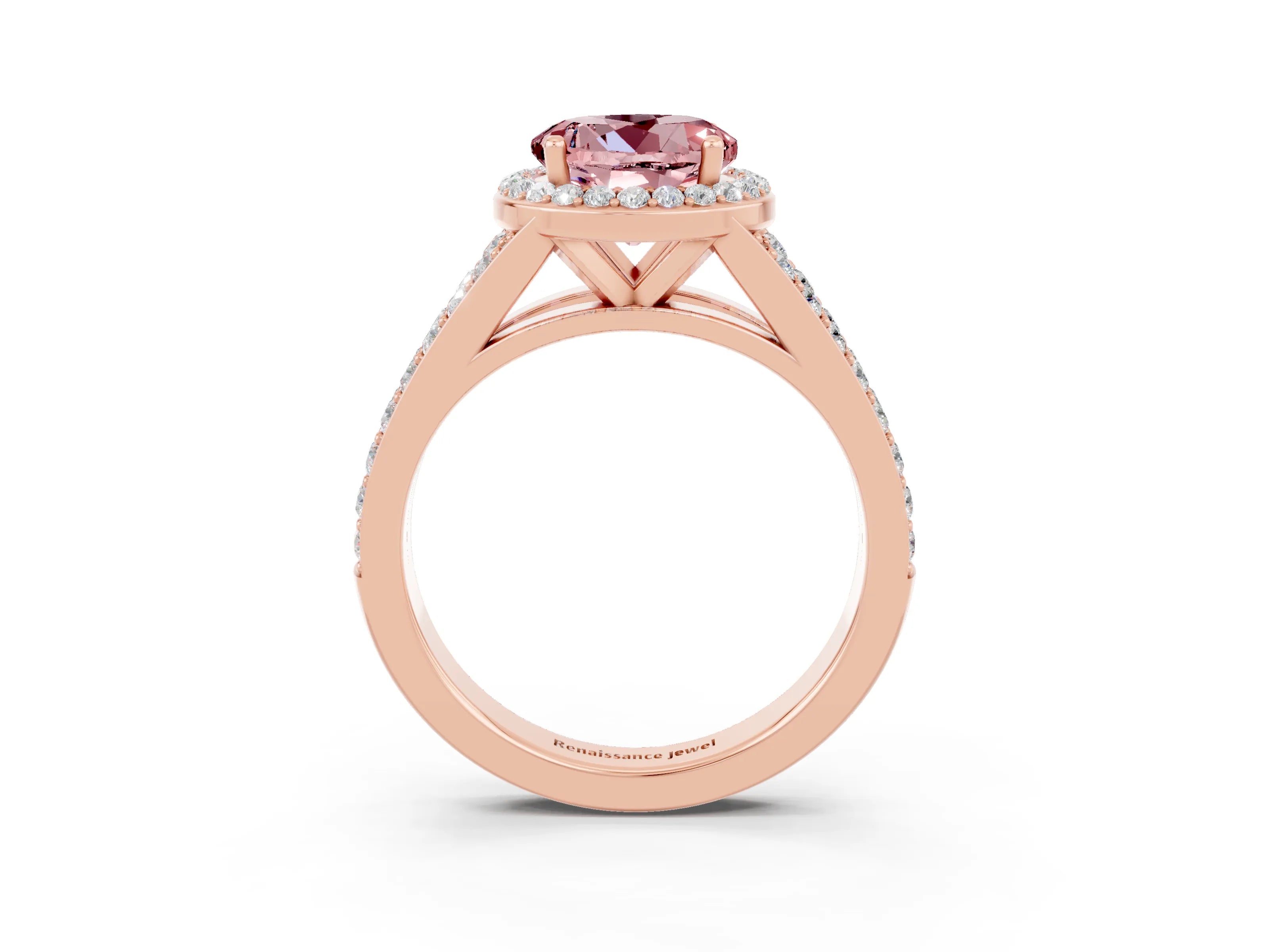 Rose gold Round Cut Morganite Split Shank Halo Ring with Four-Prong Setting_15