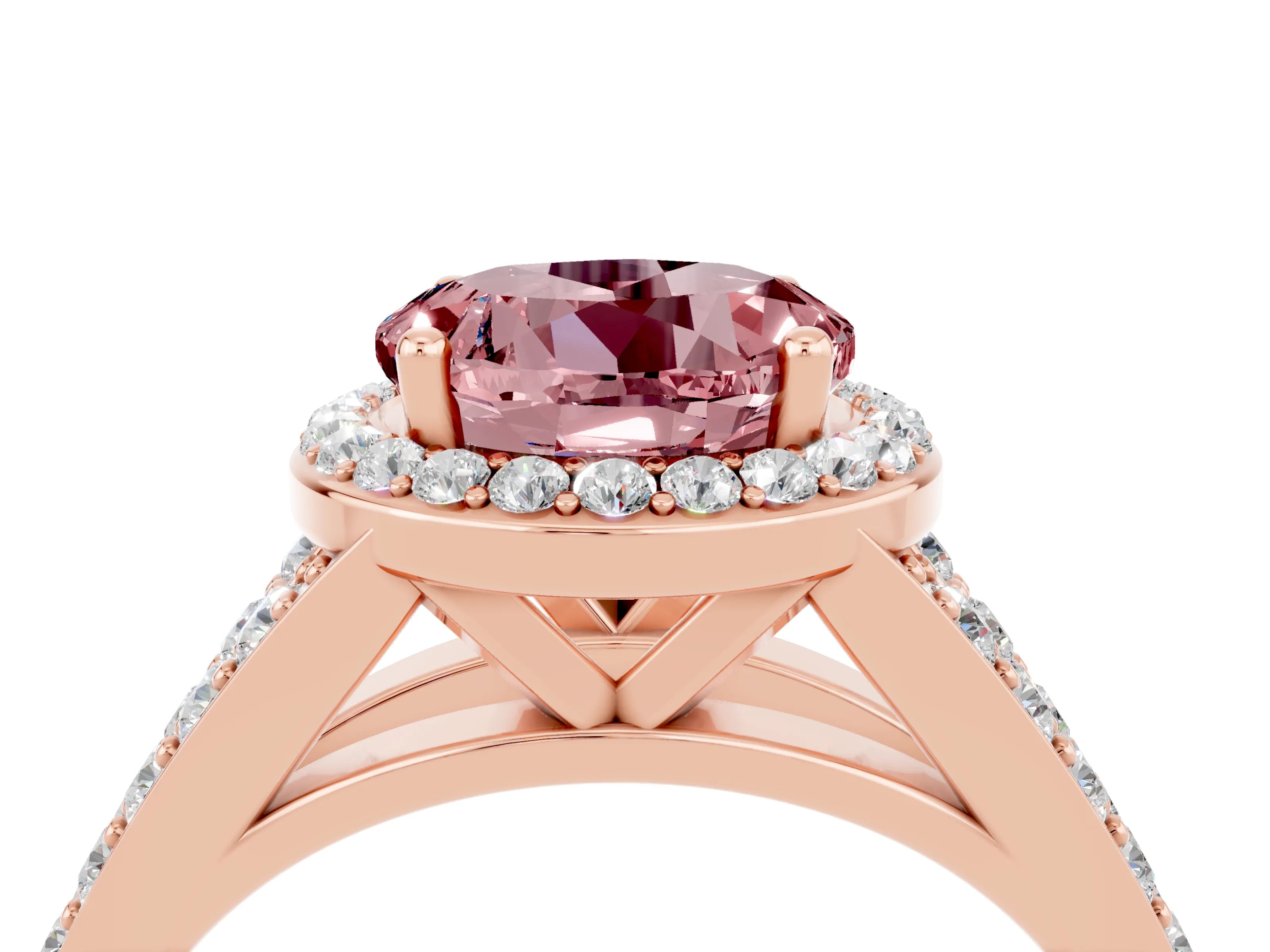 Rose gold Round Cut Morganite Split Shank Halo Ring with Four-Prong Setting_16