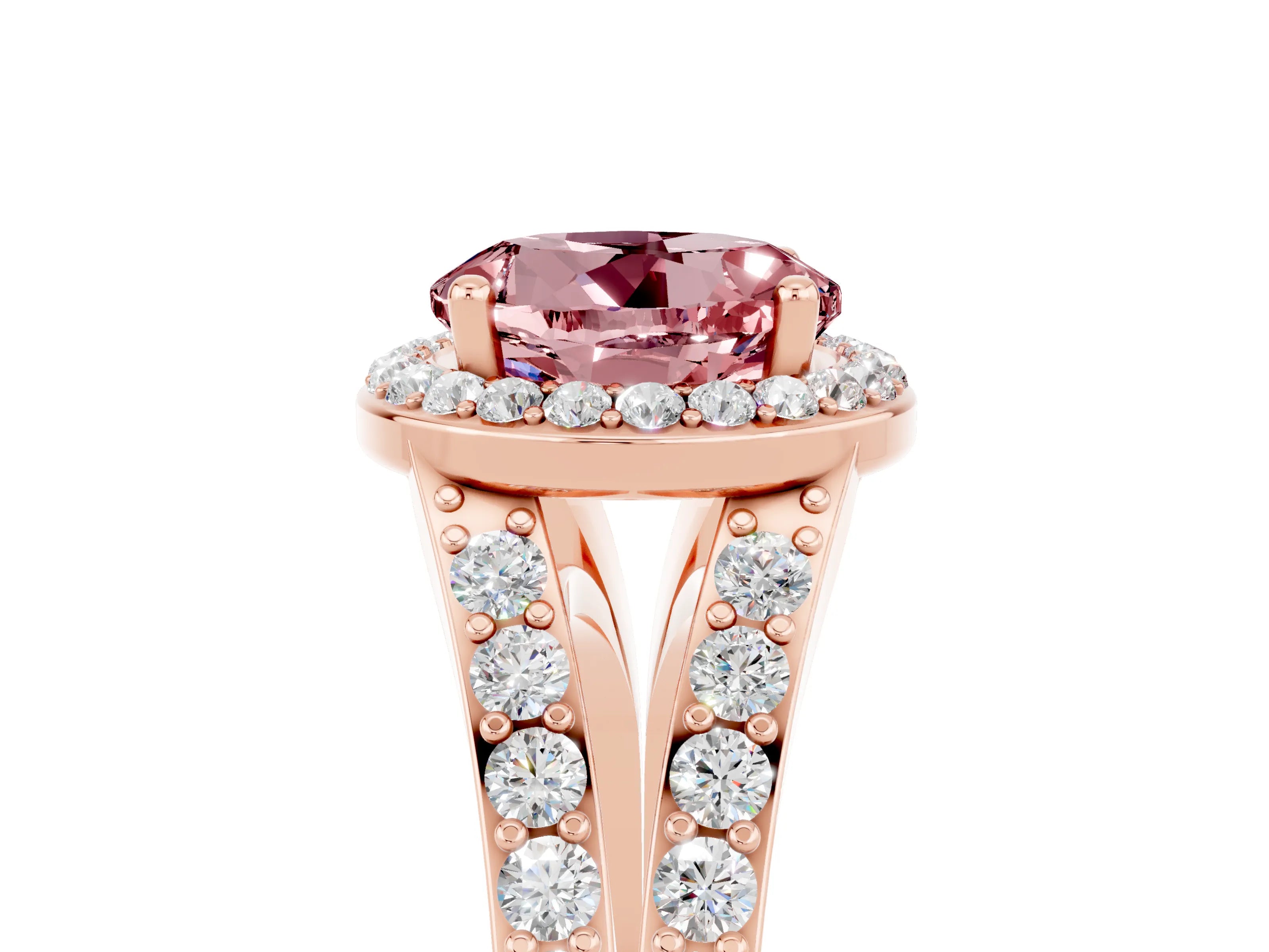 Rose gold Round Cut Morganite Split Shank Halo Ring with Four-Prong Setting_17
