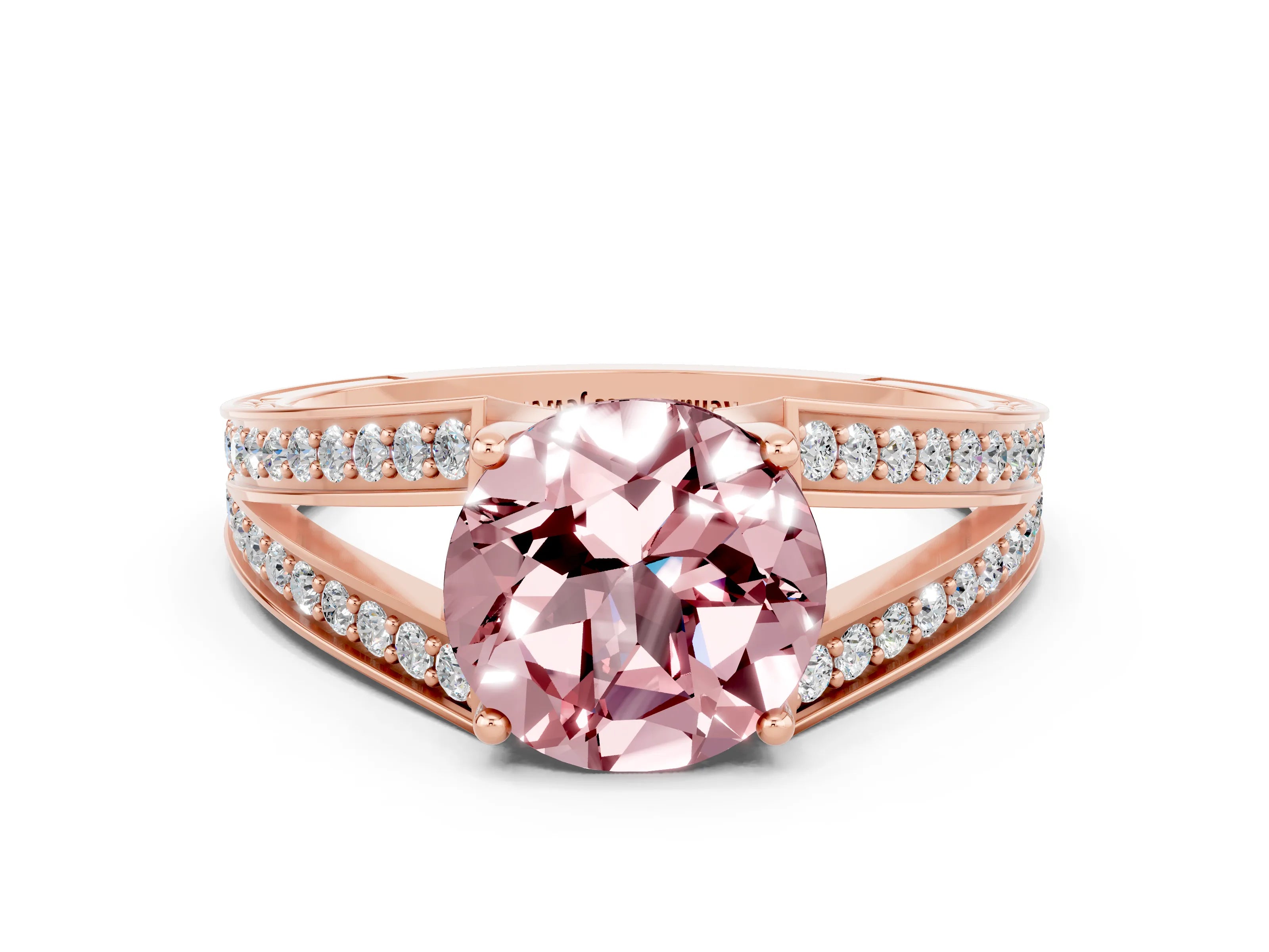 Rose gold Round Cut Morganite Split Shank Ring with Pavé Band and Four-Prong Setting