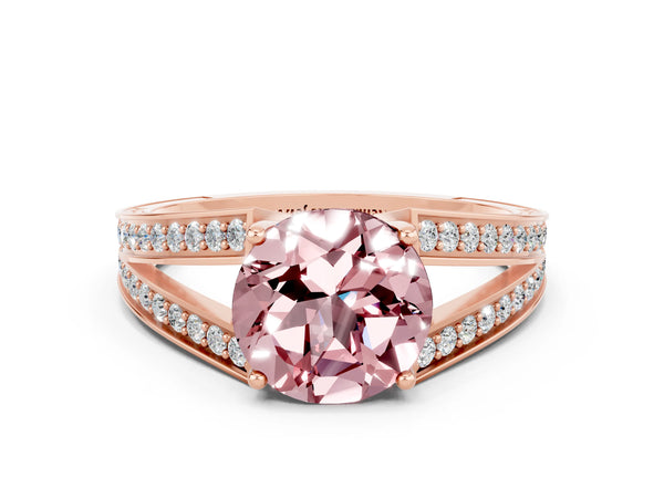 Rose gold Round Cut Morganite Split Shank Ring with Pavé Band and Four-Prong Setting