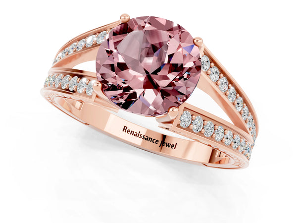 Rose gold Round Cut Morganite Split Shank Ring with Pavé Band and Four-Prong Setting