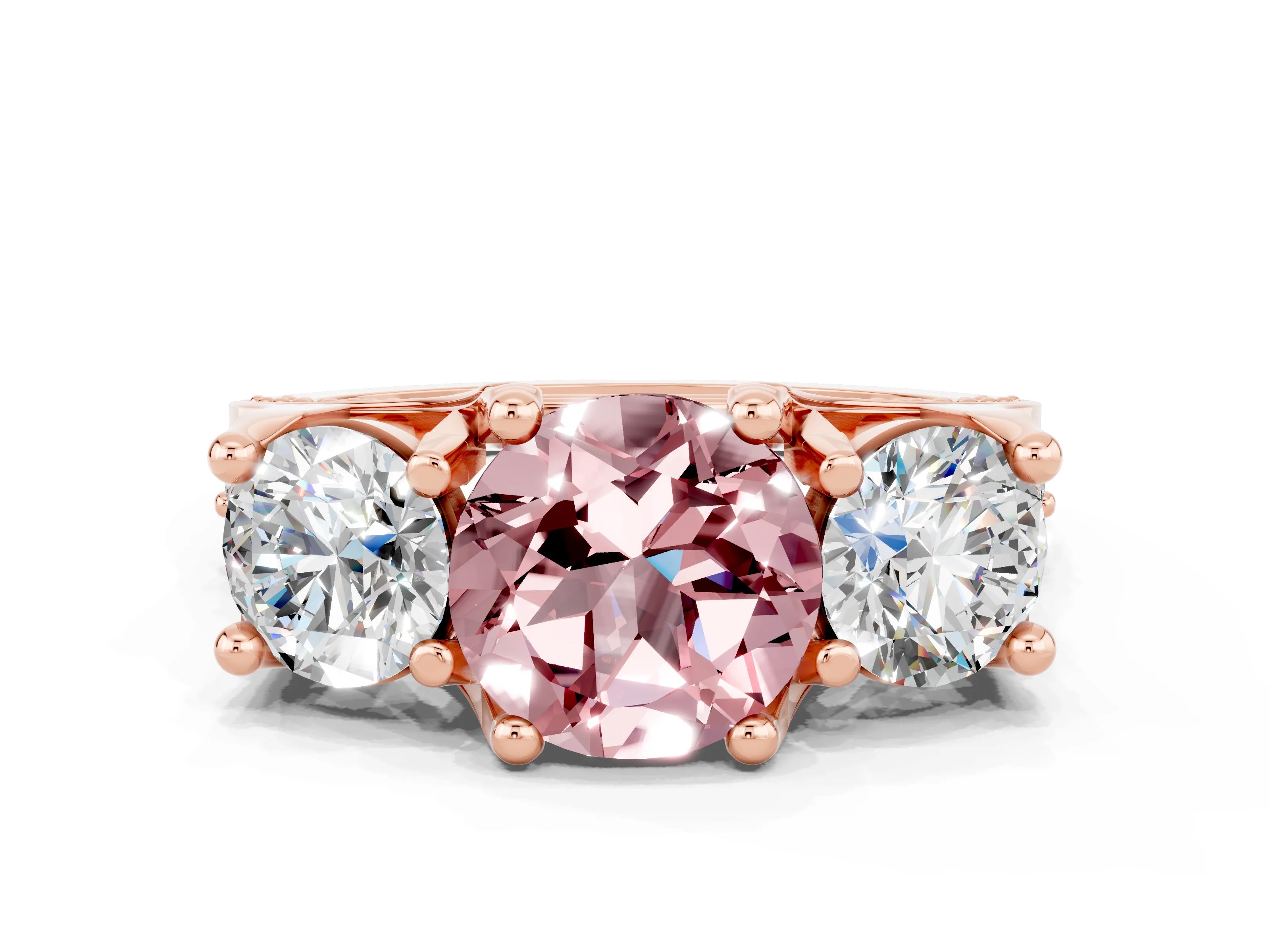 Rose gold Round Cut Morganite Three-Stone Ring with Channel Set Band and Four-Prong Setting