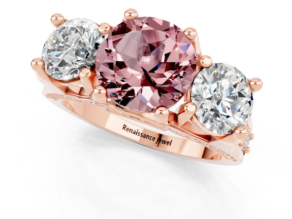 Rose gold Round Cut Morganite Three-Stone Ring with Channel Set Band and Four-Prong Setting