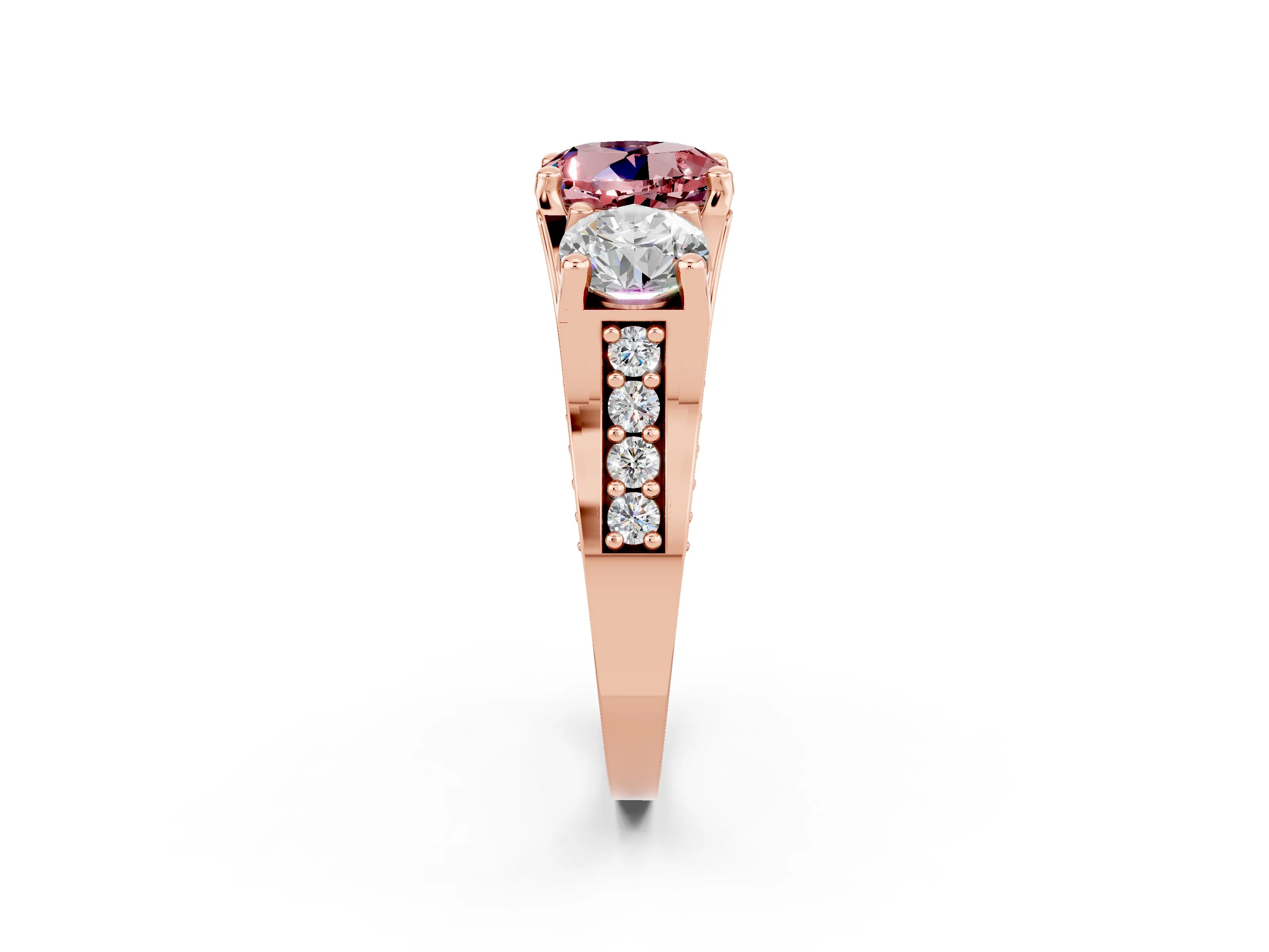 Rose gold Round Cut Morganite Three-Stone Ring with Channel Set Band and Four-Prong Setting_2