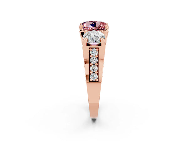 Rose gold Round Cut Morganite Three-Stone Ring with Channel Set Band and Four-Prong Setting