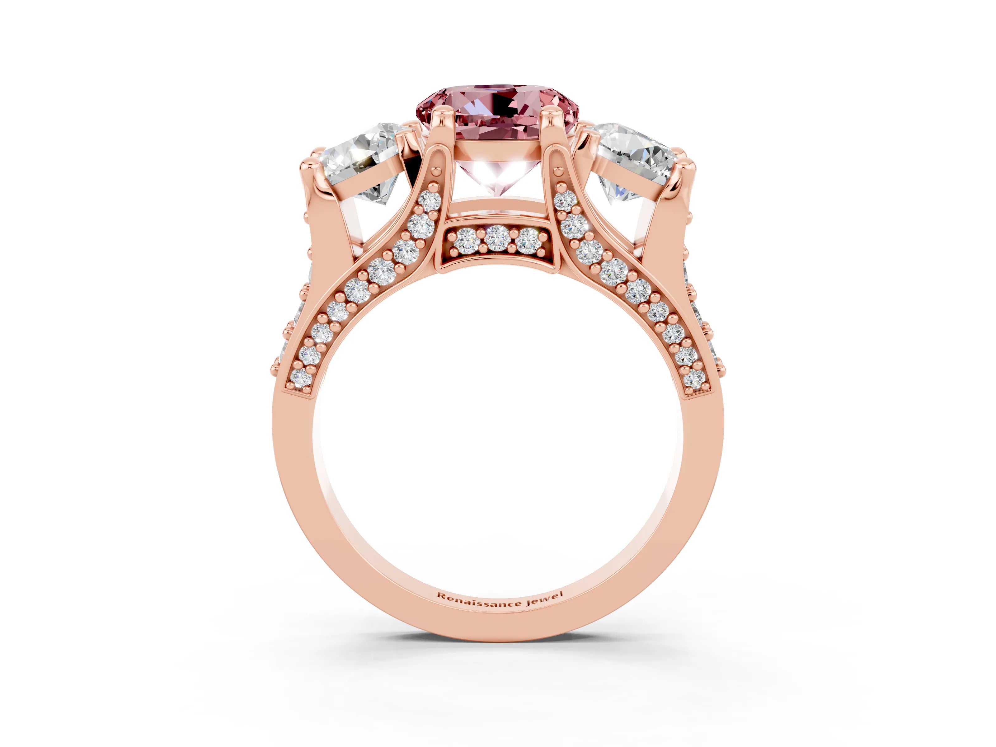 Rose gold Round Cut Morganite Three-Stone Ring with Channel Set Band and Four-Prong Setting_3