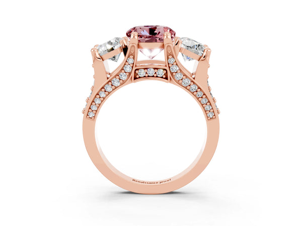 Rose gold Round Cut Morganite Three-Stone Ring with Channel Set Band and Four-Prong Setting