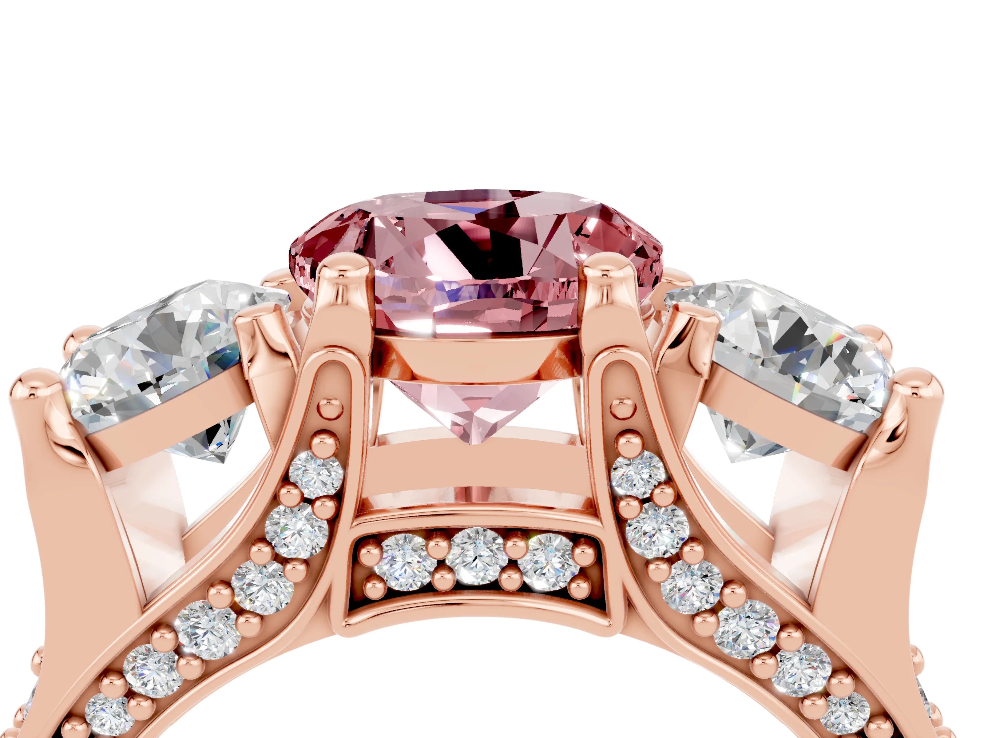 Rose gold Round Cut Morganite Three-Stone Ring with Channel Set Band and Four-Prong Setting_4