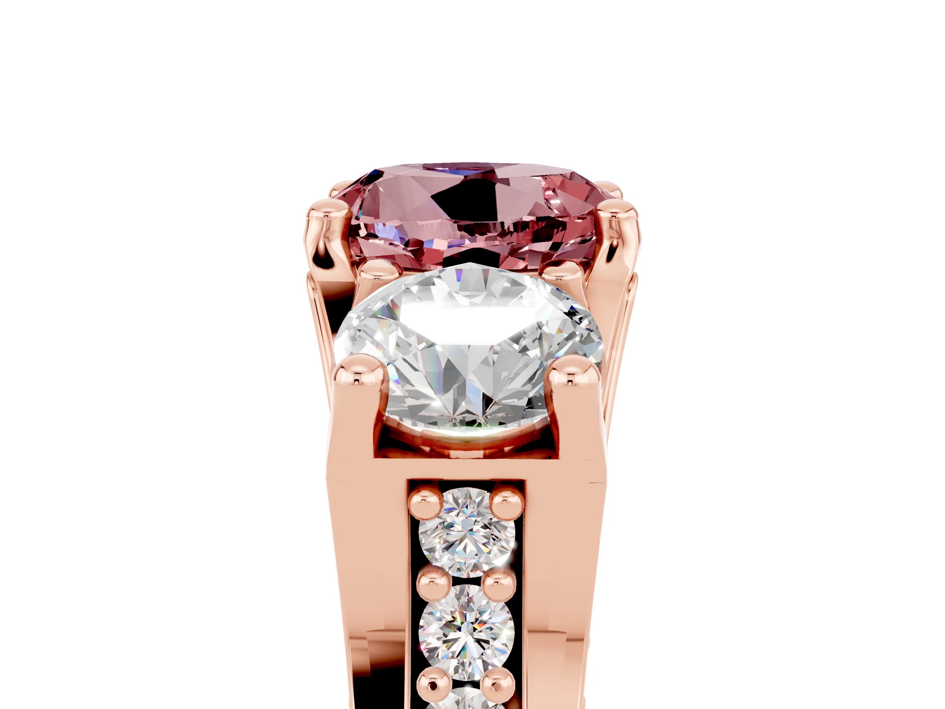 Rose gold Round Cut Morganite Three-Stone Ring with Channel Set Band and Four-Prong Setting_5