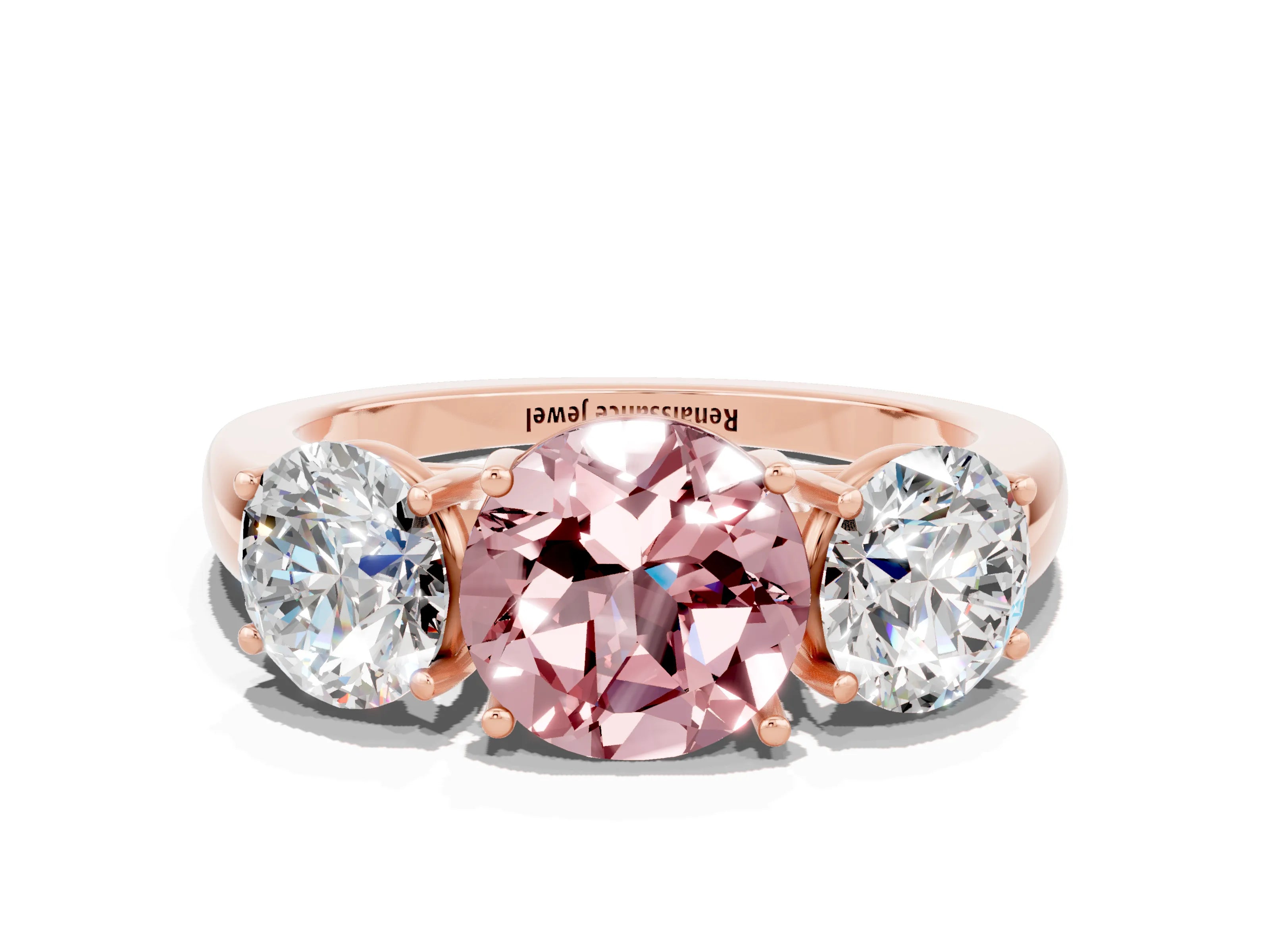 Rose gold Round Cut Morganite Three-Stone Ring with Four-Prong Setting and Classic Band