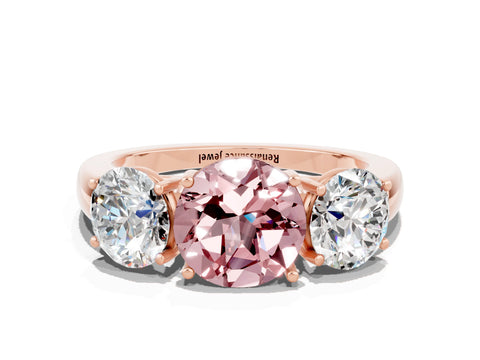 Rose gold Round Cut Morganite Three-Stone Ring with Four-Prong Setting and Classic Band