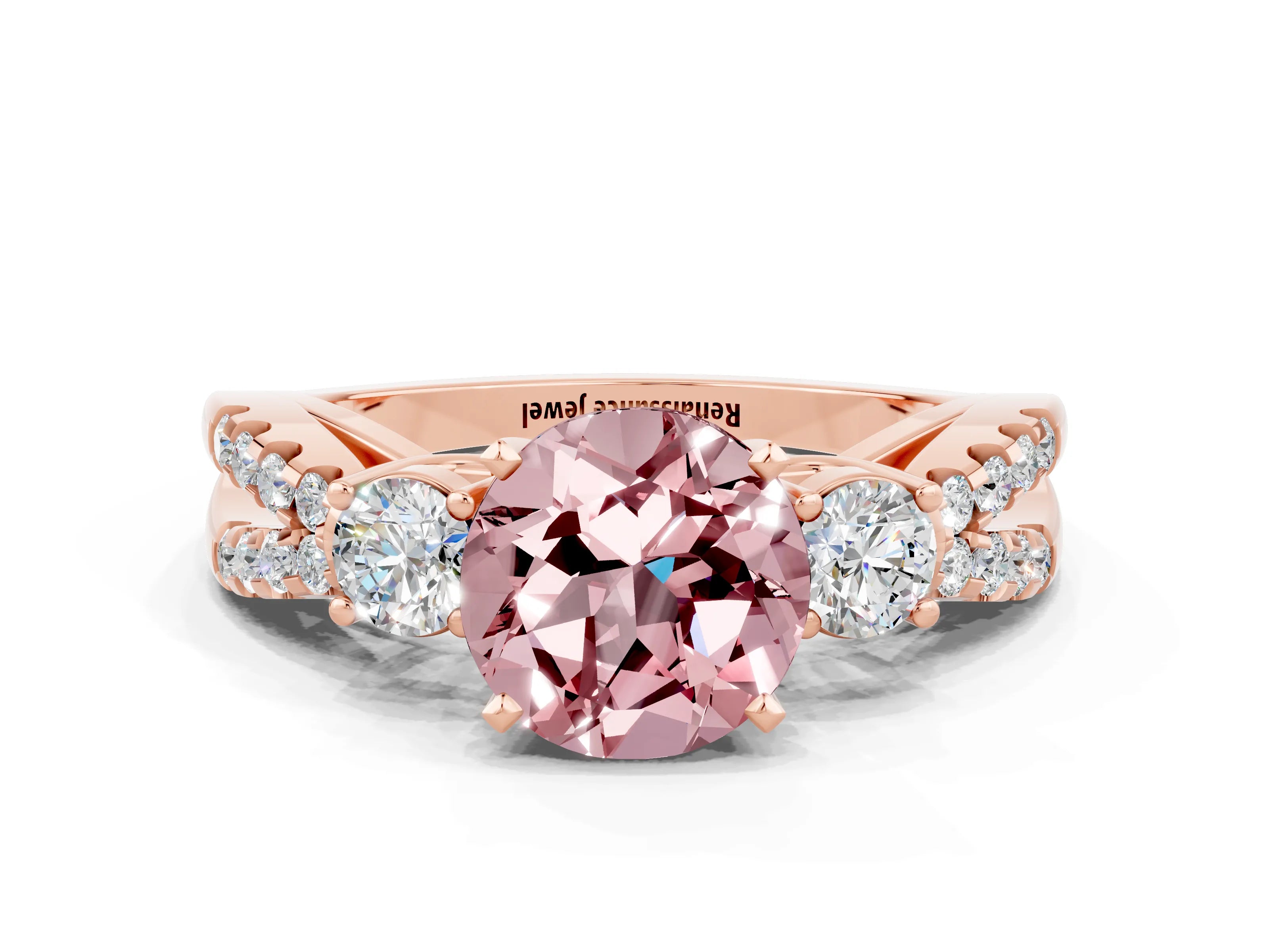 Rose gold Round Cut Morganite Three-Stone Ring with Pavé Split Shank and Four-Prong Setting