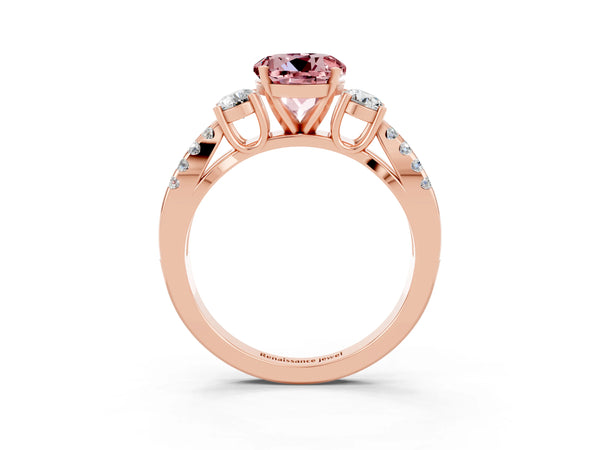 Rose gold Round Cut Morganite Three-Stone Ring with Pavé Split Shank and Four-Prong Setting