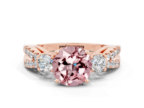 Rose gold Round Cut Morganite Three-Stone Ring with Pavé Split Shank and Four-Prong Setting