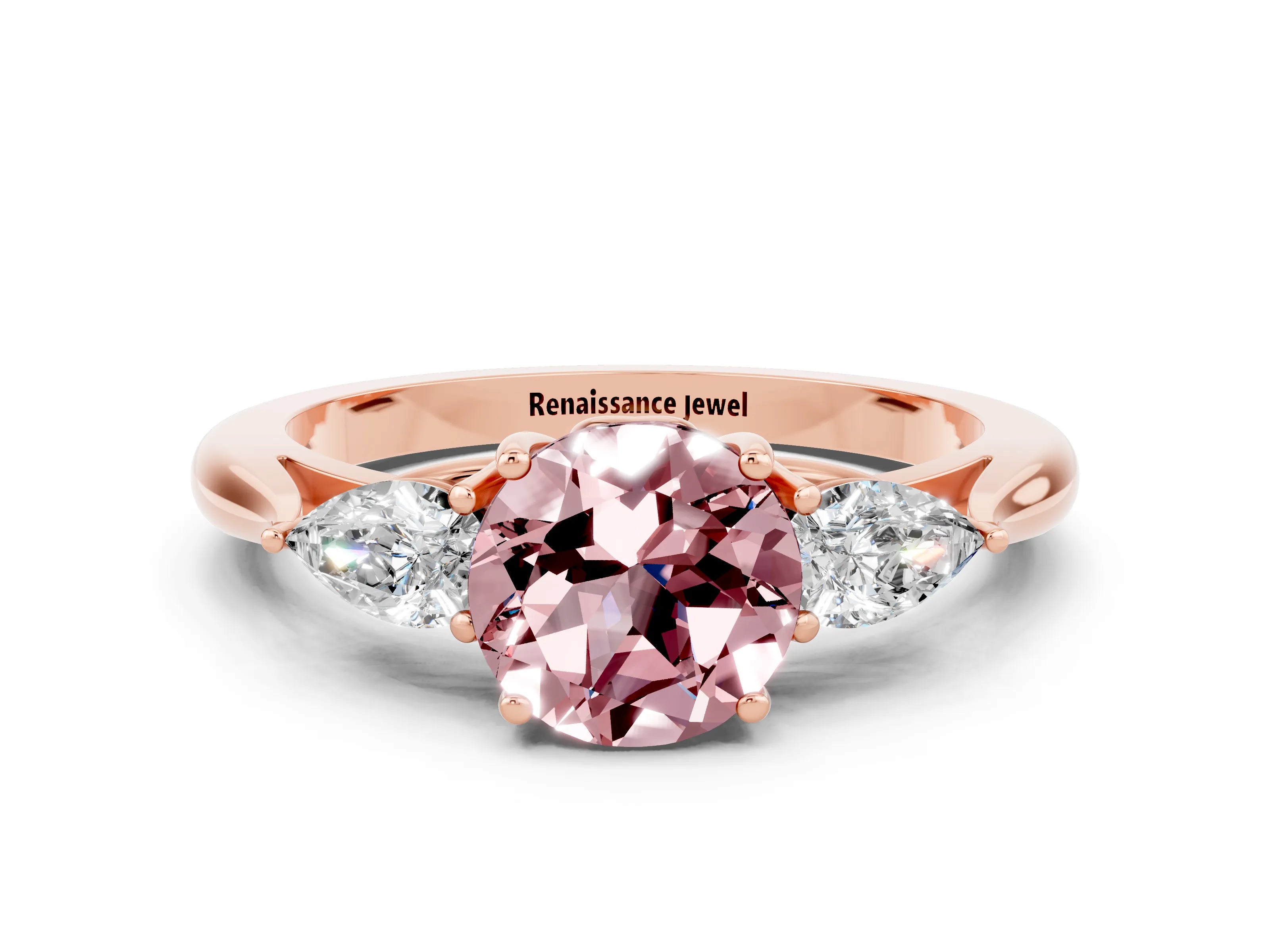 Rose gold Round Cut Morganite Three-Stone Ring with Pear Side Stones and Four-Prong Setting_12
