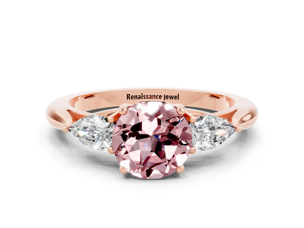 Rose gold Round Cut Morganite Three-Stone Ring with Pear  Side Stones and Prong Setting